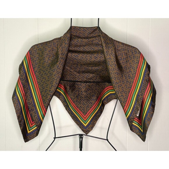 Iconic Vintage Bill Blass Brown Taupe Rainbow Stripes Silk‎ Scarf Bordered - Picture 1 of 4